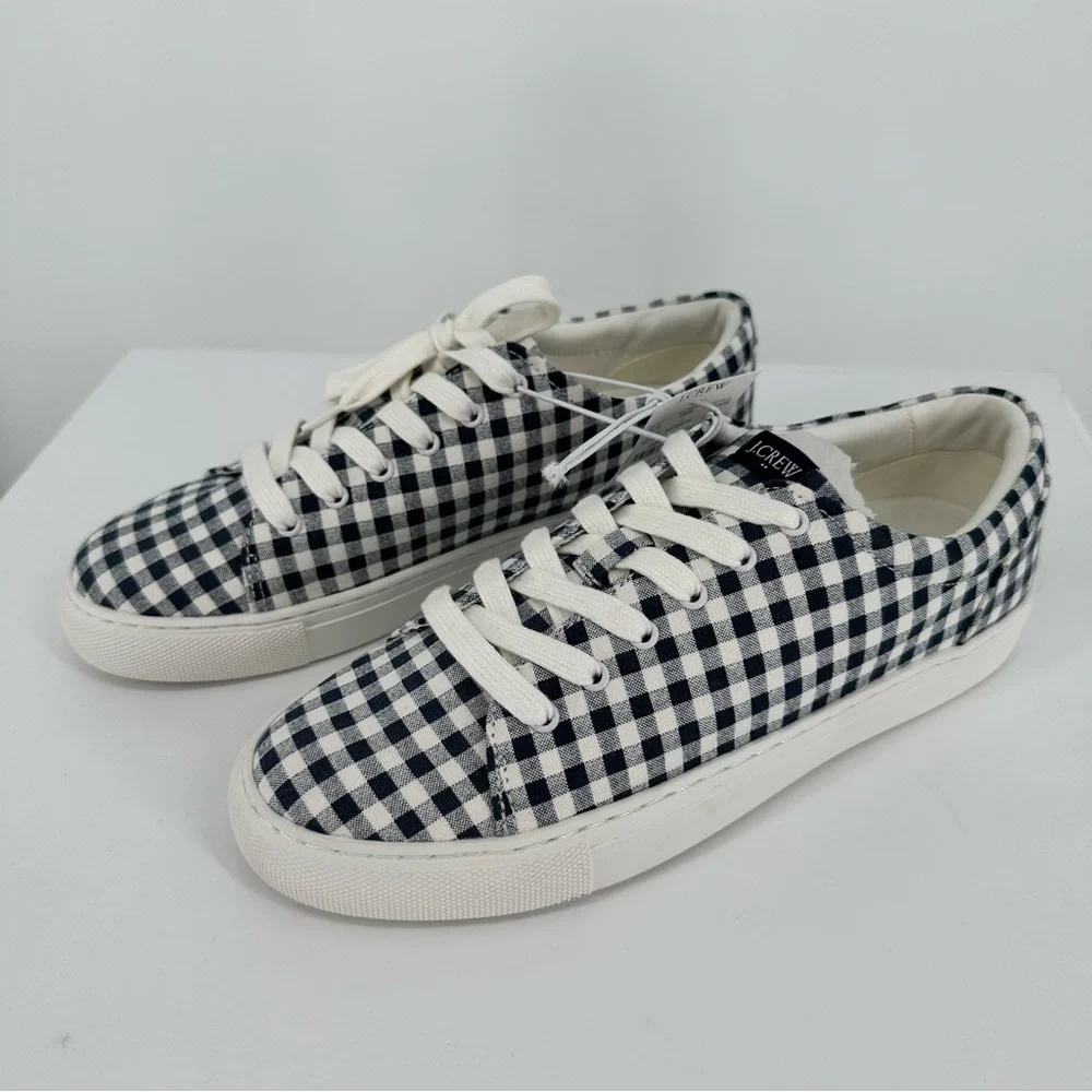 J Crew Factory Gingham Printed Road Trip Canvas Sneakers size 7.5 NWT Navy White